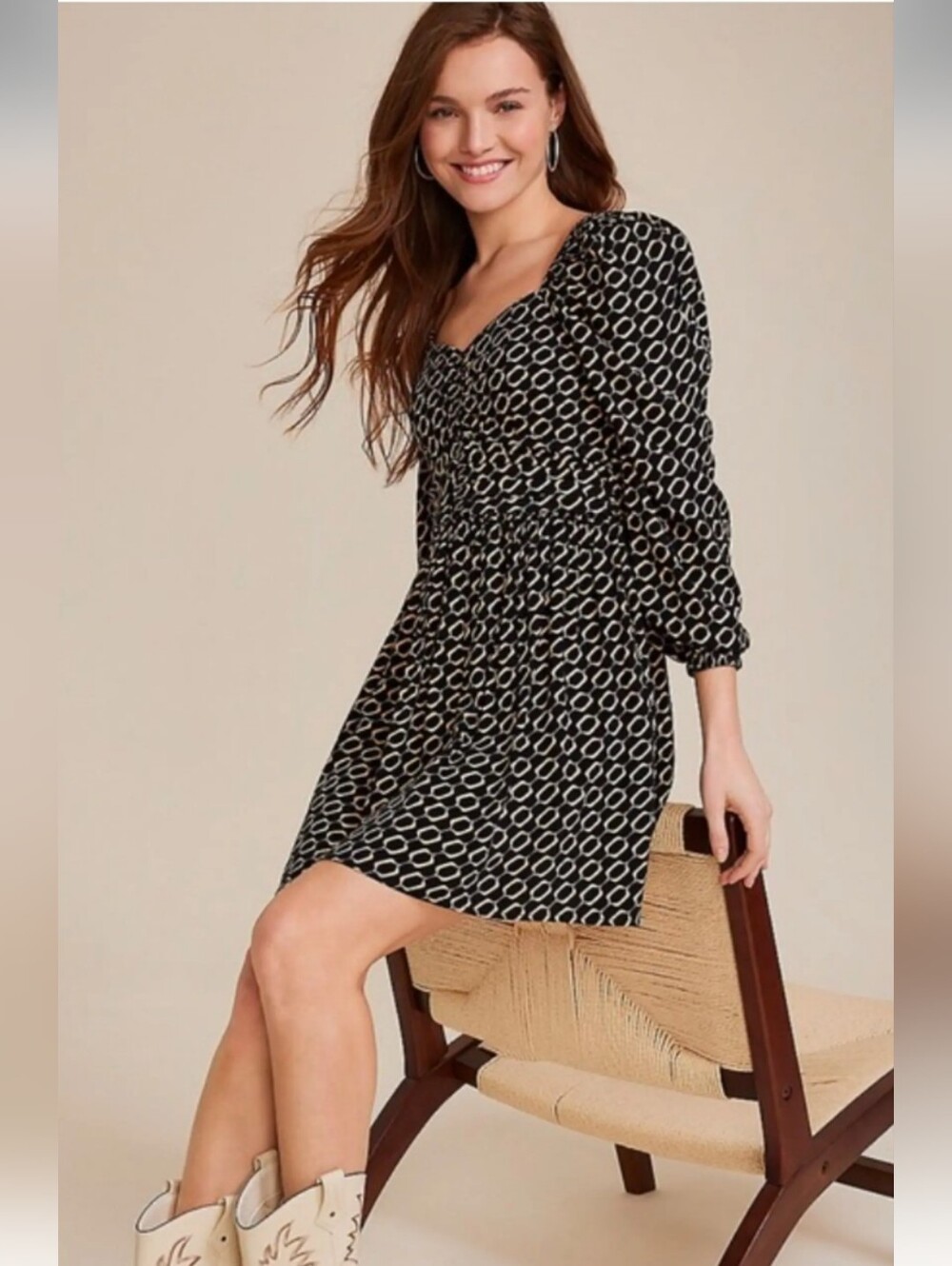 Maurices NWT Long Sleeve Black Beige Geometric Mini Dress Medium